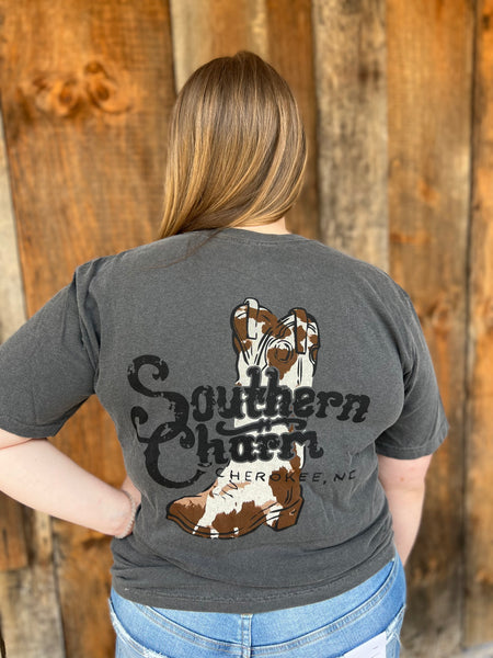 Southern Charm "Cow Boot" Short Sleeve T-shirt - Charcoal - Southern Charm "Shop The Charm"