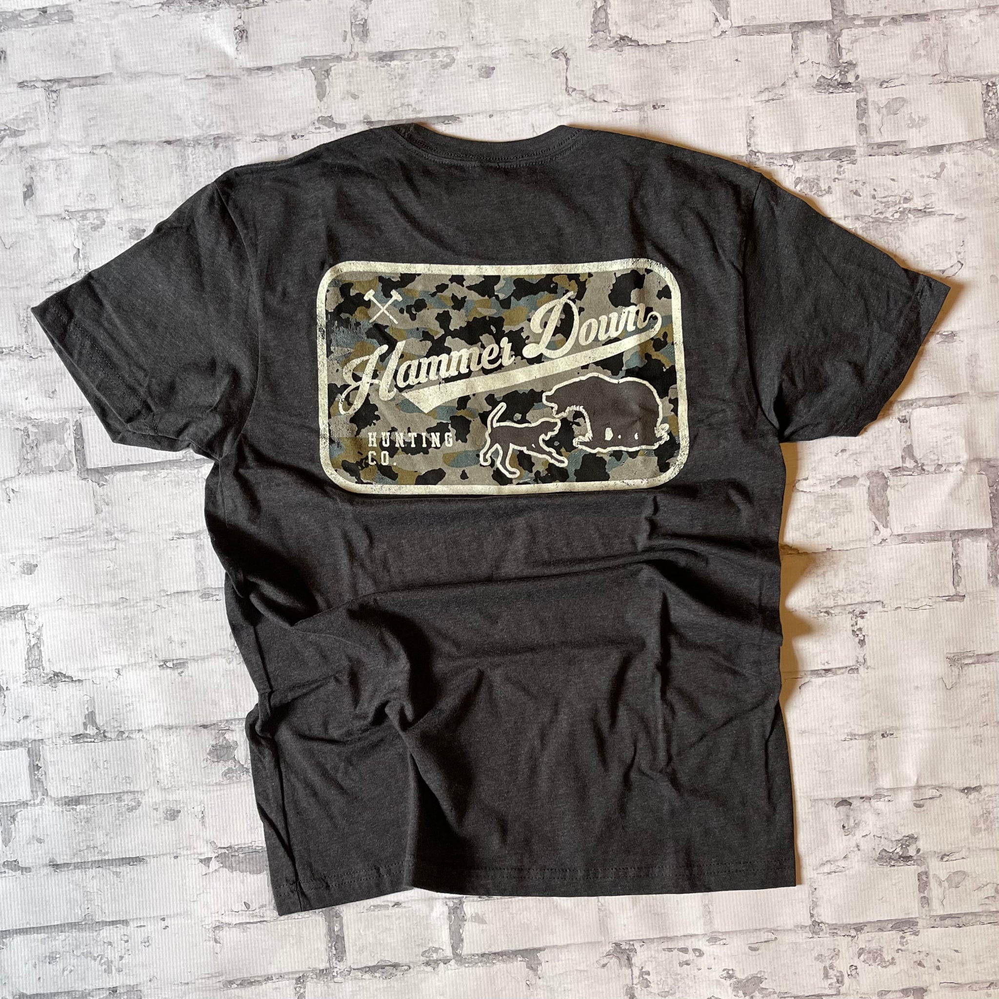 Hammer Down "Dog Hunt Field Camo" Short Sleeve T-shirt - Charcoal - Southern Charm "Shop The Charm"