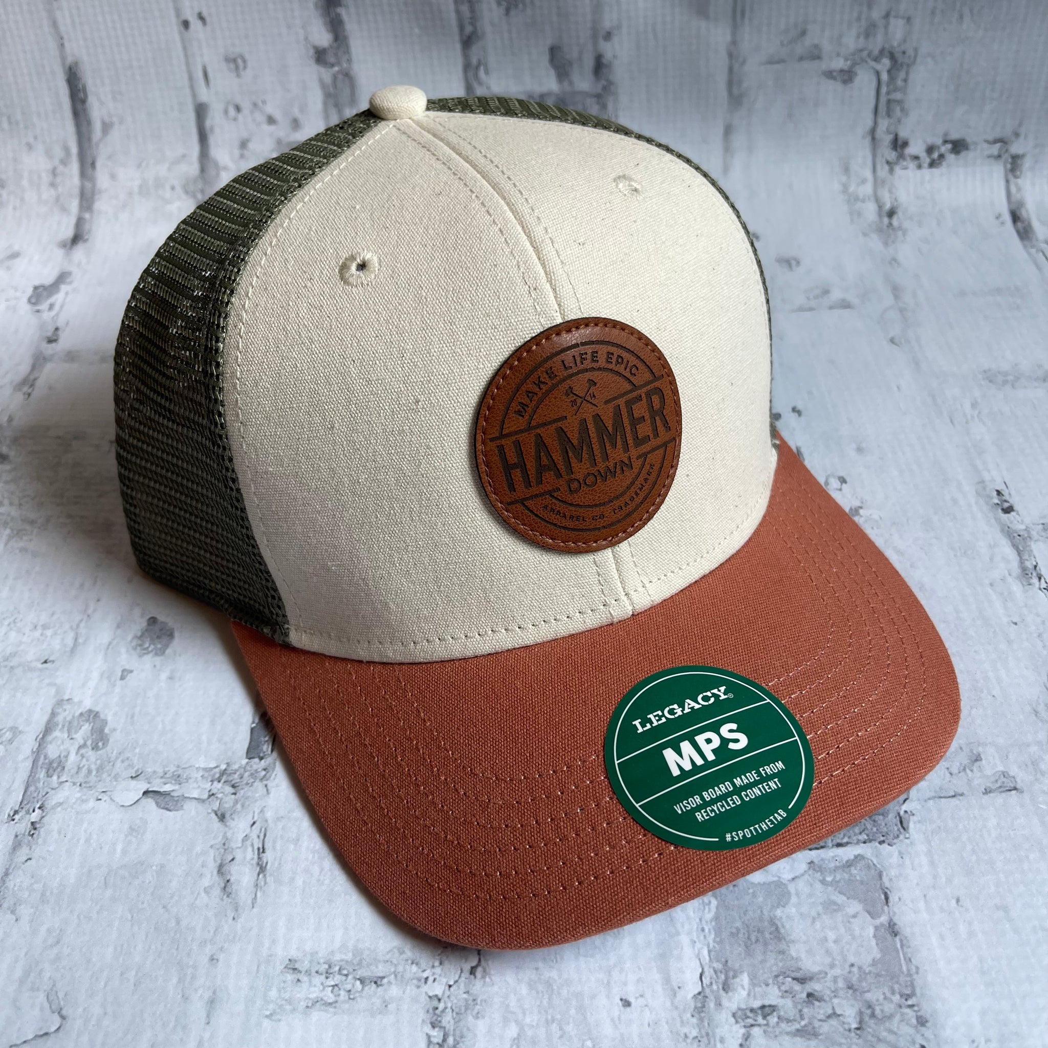 Hammer Down "MLE Badge" Hat - White and Rust Coral with Leather Patch - Southern Charm "Shop The Charm"