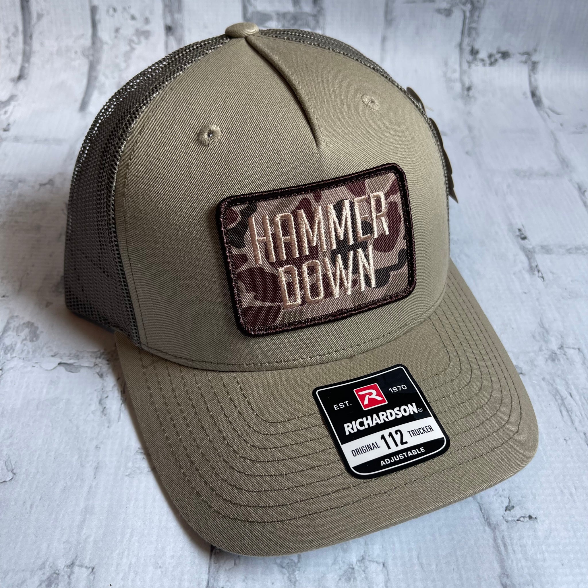 Hammer Down "Simple Brown Duck Camo" Hat - Khaki with Woven Patch - Southern Charm "Shop The Charm"