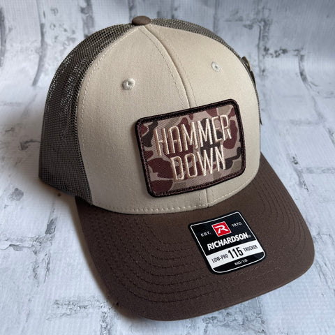 Hammer Down "Simple Brown Duck Camo" Hat - Tan and Brown with Woven Patch - Southern Charm "Shop The Charm"