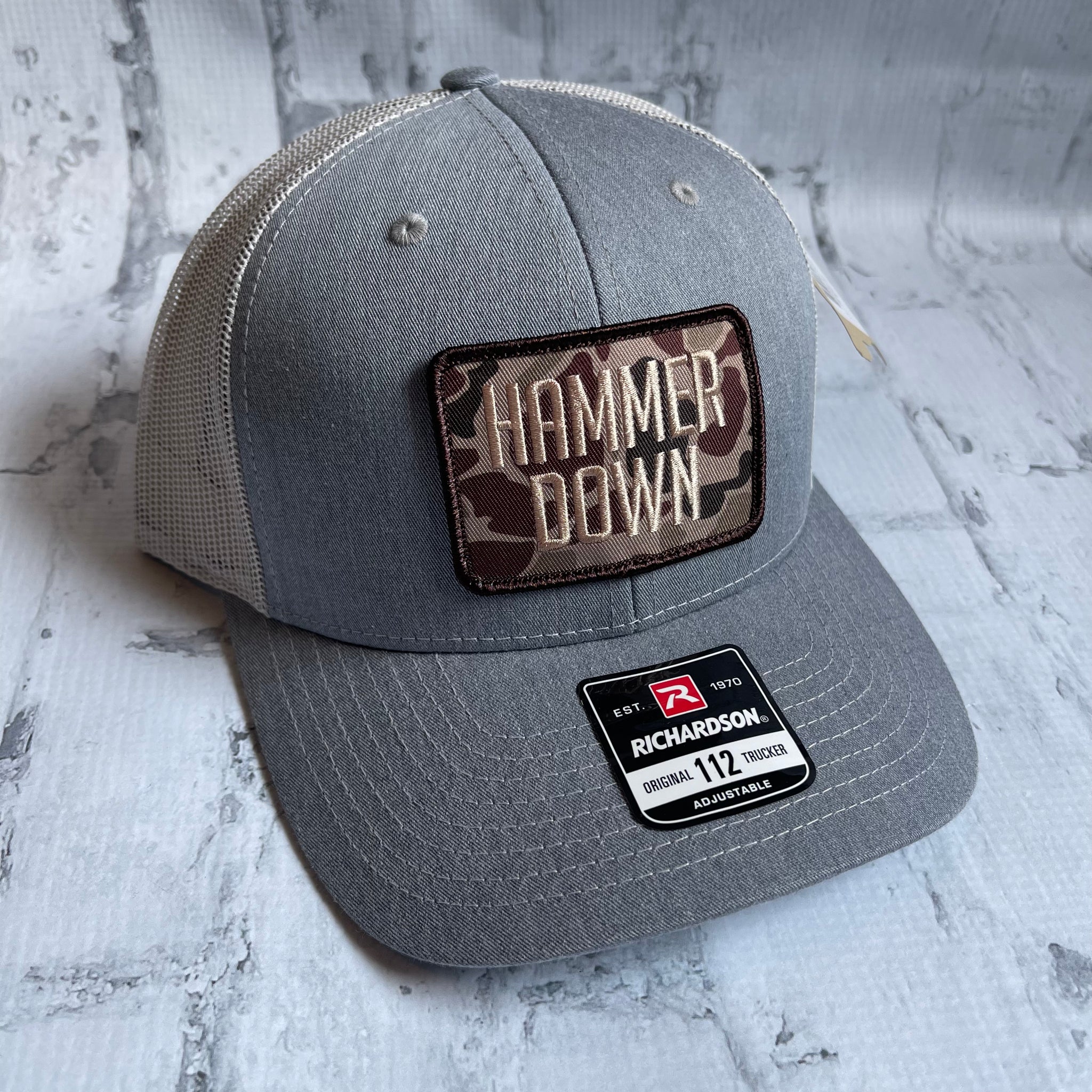 Hammer Down "Simple Brown Duck Camo" Hat - Heather Gray with Woven Patch - Southern Charm "Shop The Charm"