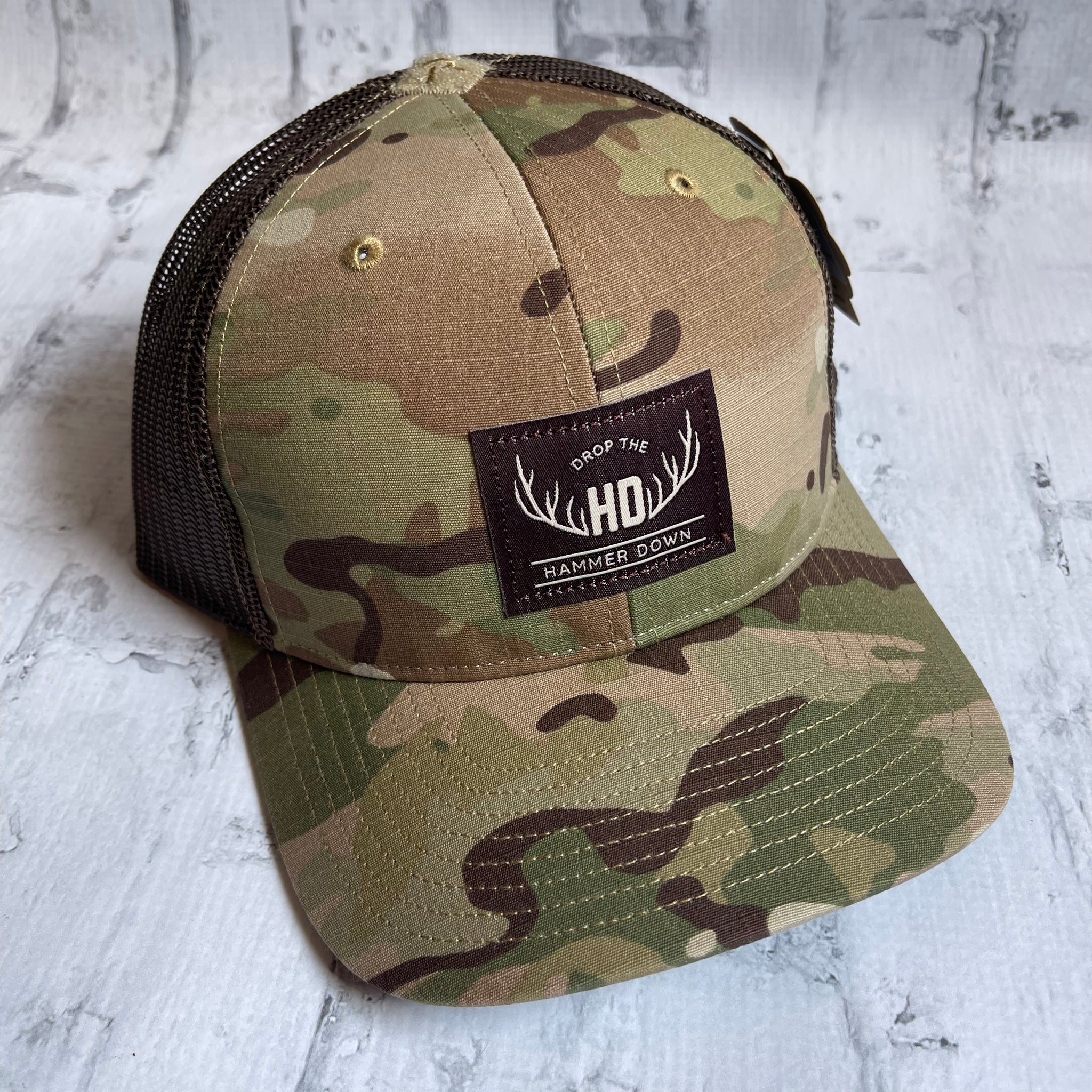 Hammer Down "Brown DTH Antlers" Hat - Camo with Leather Patch - Southern Charm "Shop The Charm"