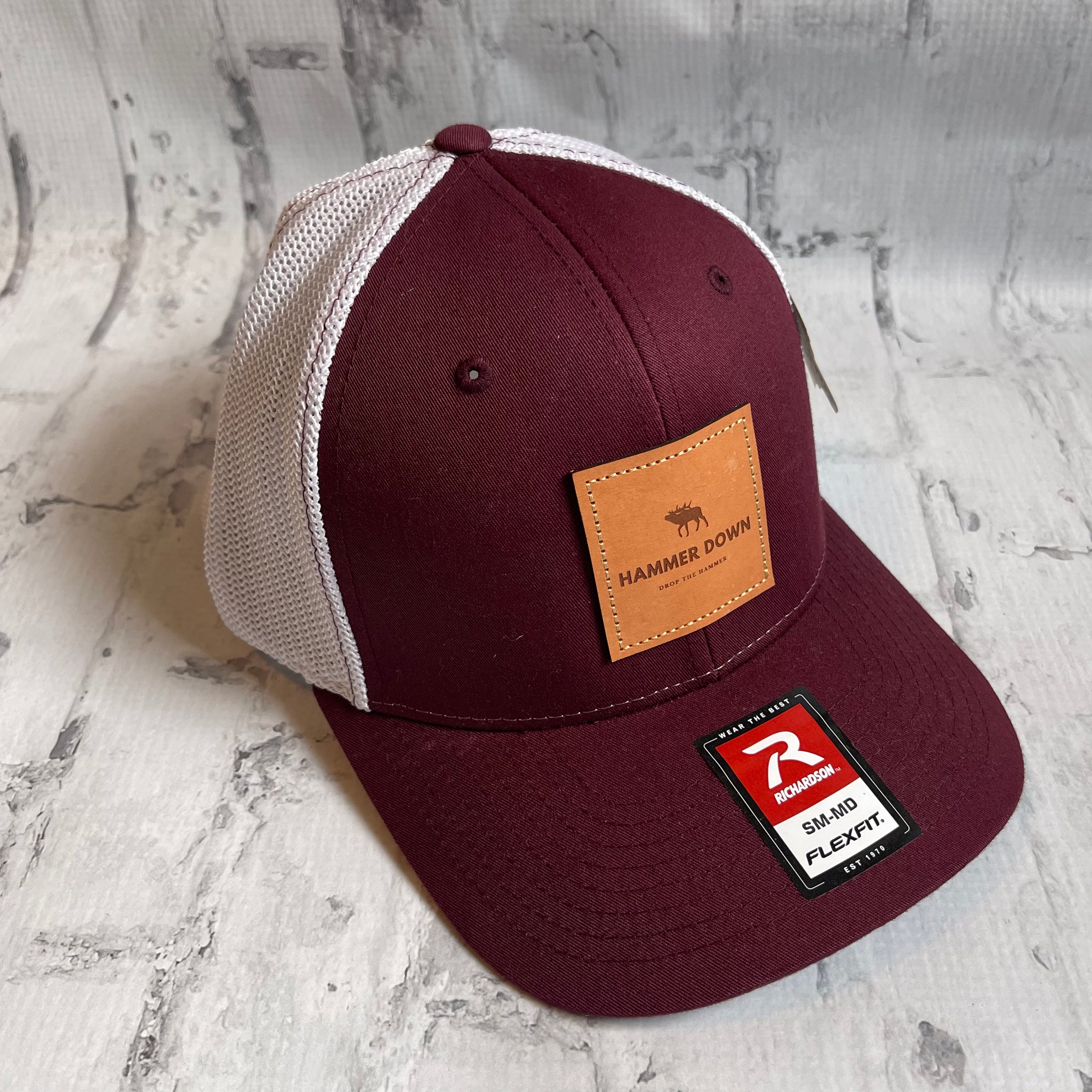Hammer Down "Elk DTH" Flex Fit Hat - Maroon with Leather Patch - Southern Charm "Shop The Charm"