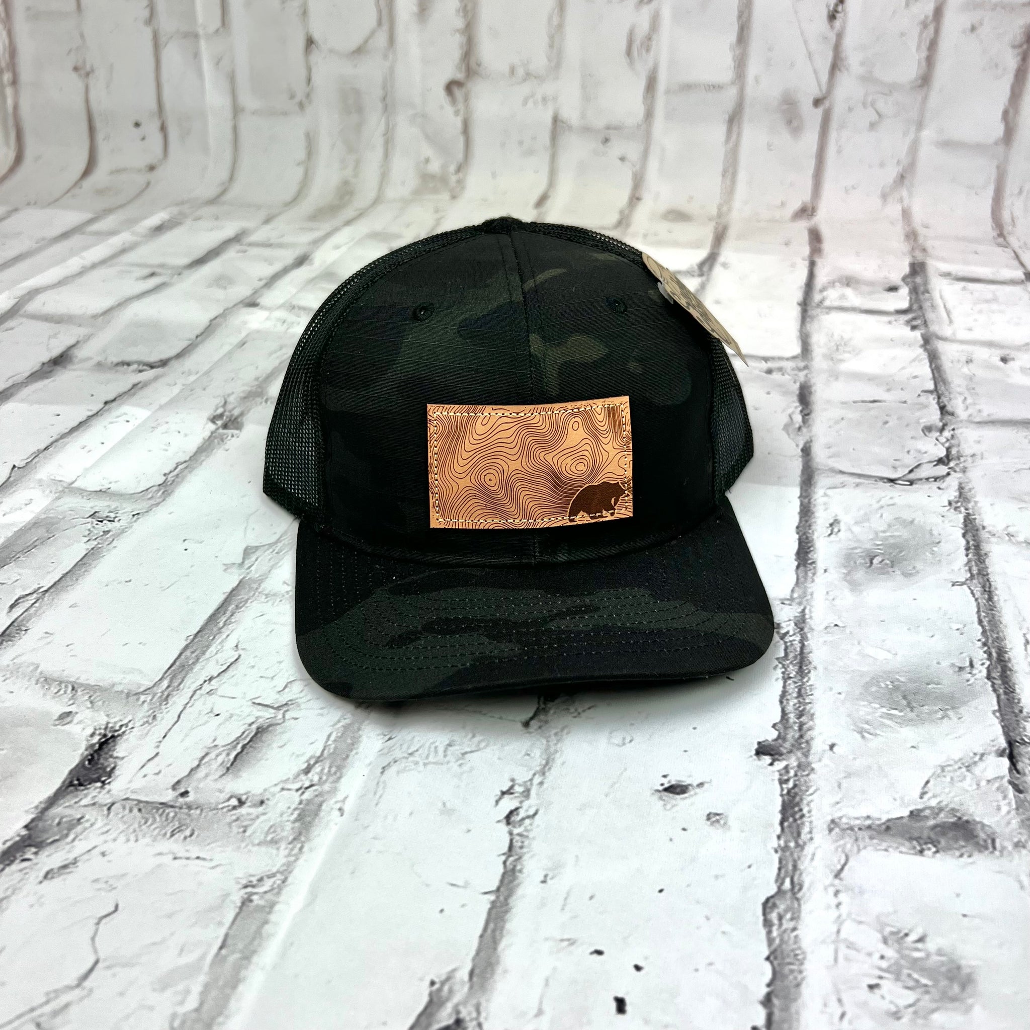 Ripple And Run "Bear Topography" Hat - Multi Camo And Black with Leather Patch