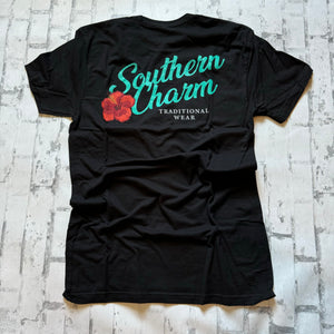 Southern Charm “Hibiscus Script" Short Sleeve T-shirt - Black