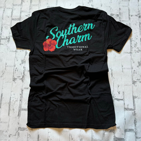 Southern Charm “Hibiscus Script" Short Sleeve T-shirt - Black