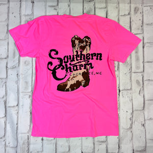 Southern Charm "Cow Print Boot" Short Sleeve T-shirt - Neon Pink