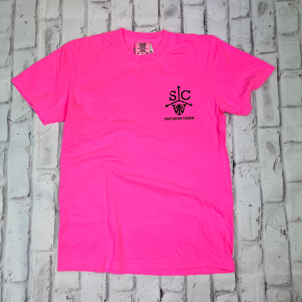 Southern Charm "Cow Print Boot" Short Sleeve T-shirt - Neon Pink