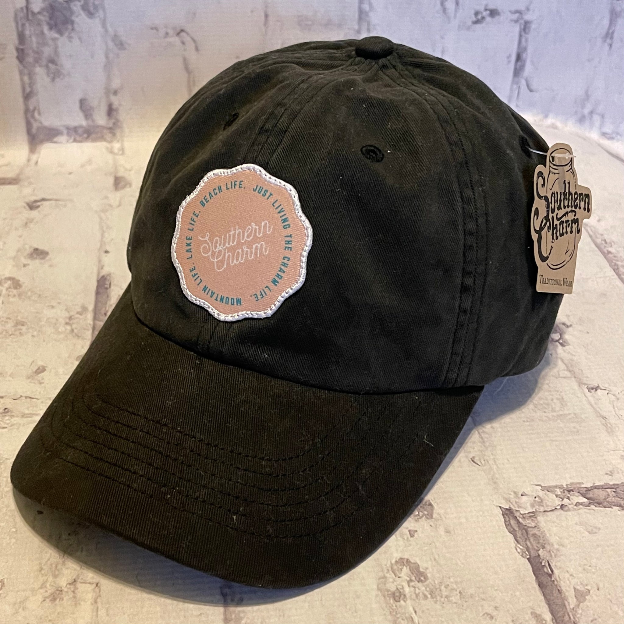 Southern Charm "Mtn Lake Beach" Hat - Black with Woven Patch - Southern Charm "Shop The Charm"