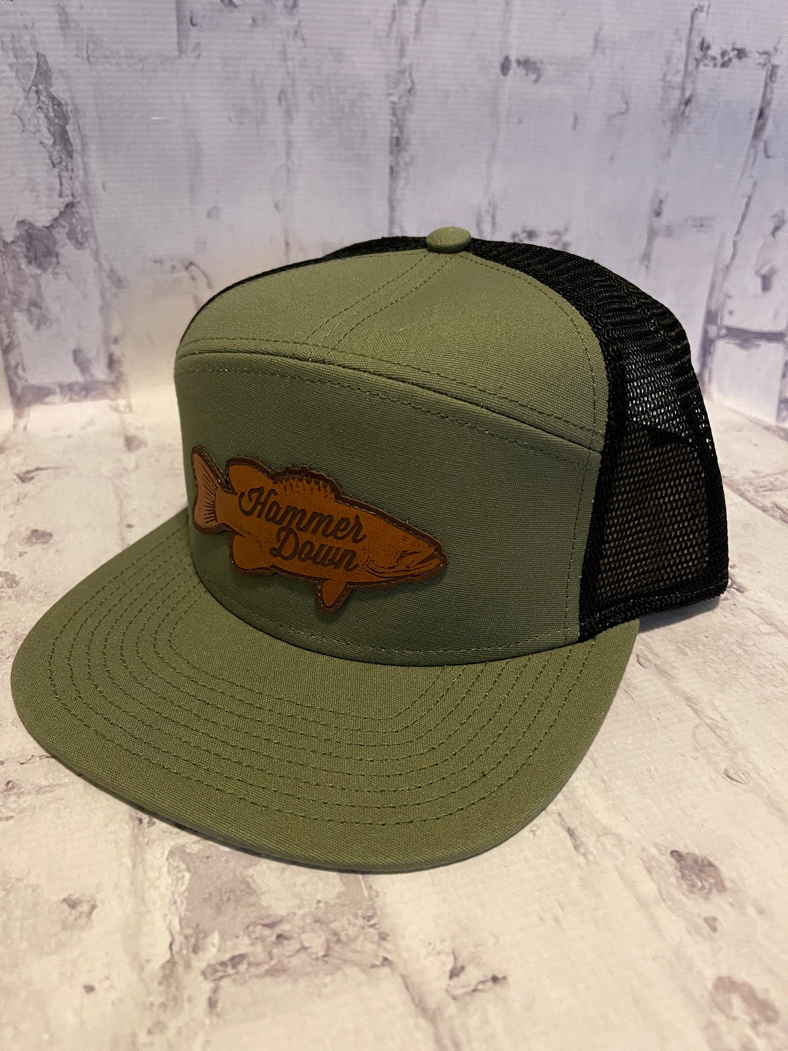 Hammer Down "Bass Script" Trucker Hat - Olive with Leather Patch - Southern Charm "Shop The Charm"